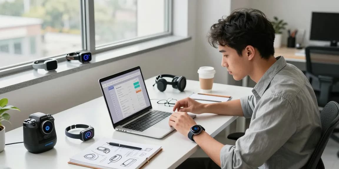 Professional testing AI wearables in a bright tech workspace with devices and a laptop.
