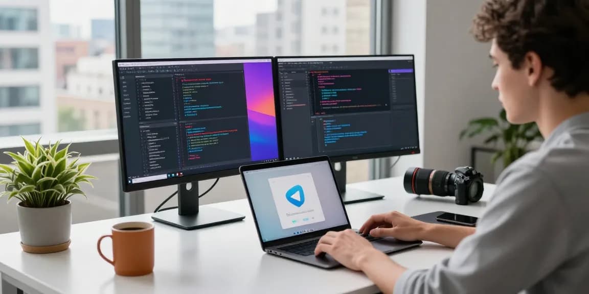 Developer focused on Telegram download in a modern tech workspace with vibrant screens and natural light.