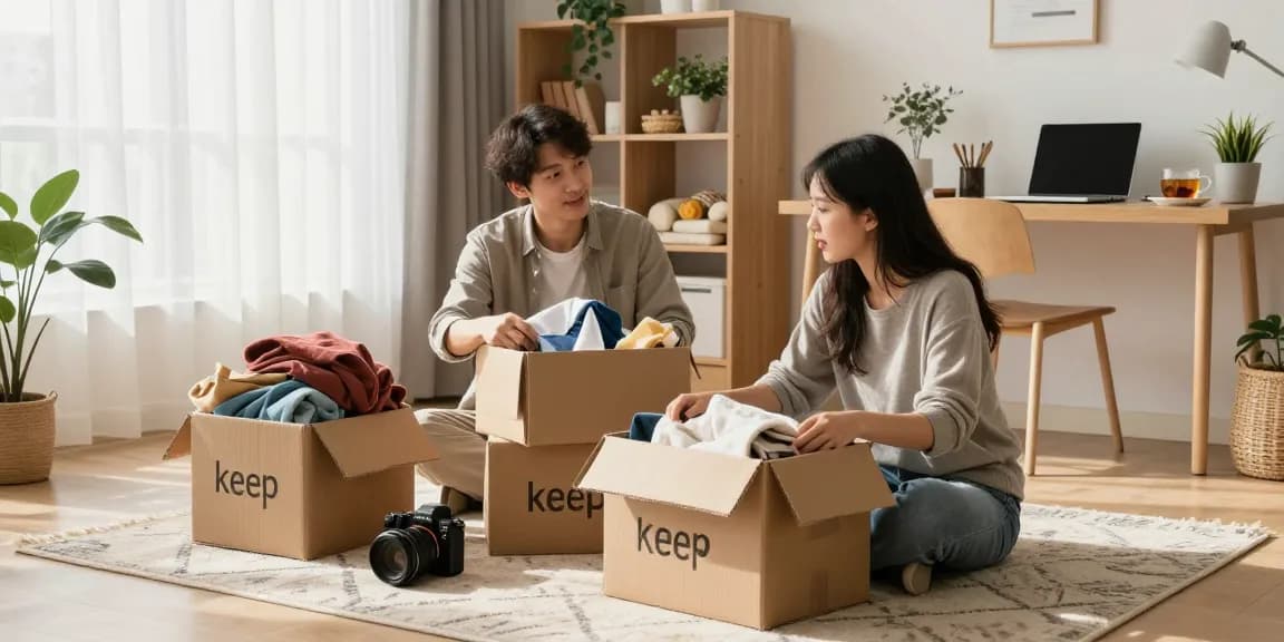 Declutter Ottawa: A professional organizer helps a client transform their living space by sorting through clutter and personal items in a serene and bright living room.