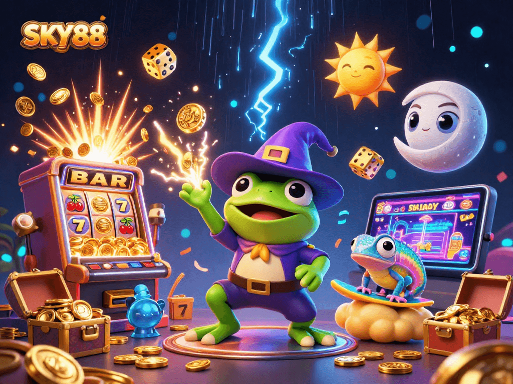 Win big at SKY88 with this vibrant casino-themed illustration featuring game elements and fun characters.