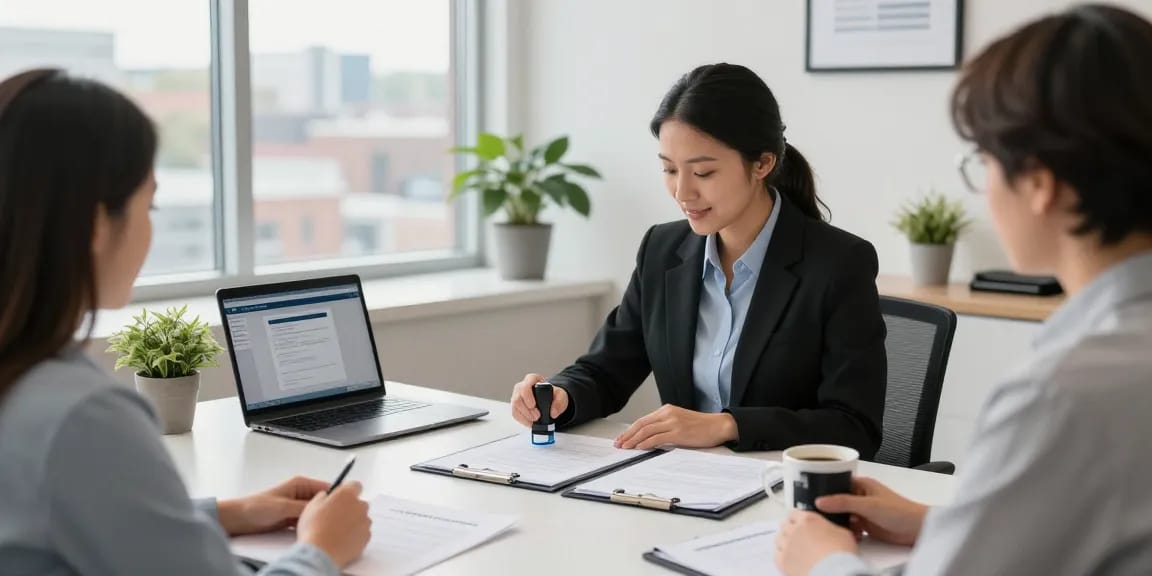 Notary public in Brampton providing efficient notarization services, featuring documents and a laptop in a welcoming office atmosphere.