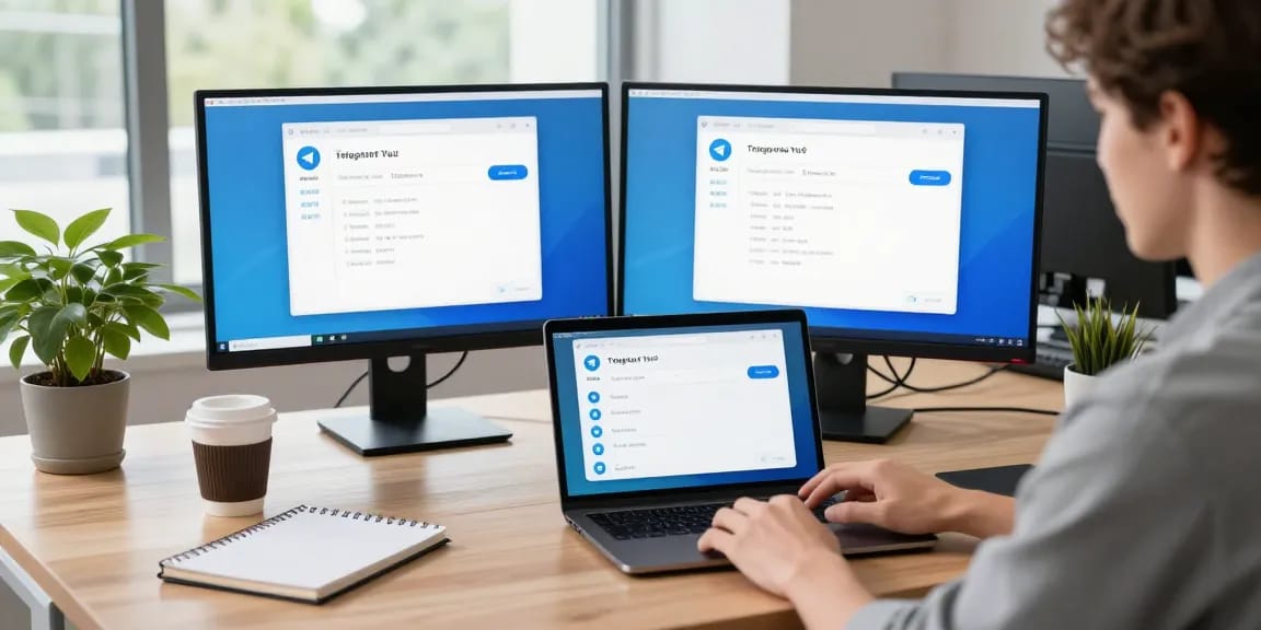 Customize Telegram Chinese settings on a laptop in a modern workspace.