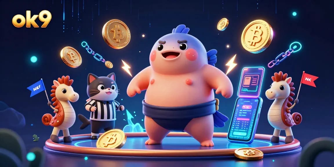 Engage with the vibrant world of ok9, showcasing a lively underwater gaming scene featuring various cryptocurrency elements.