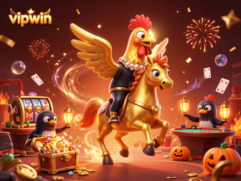 Experience thrilling casino action with vipwin, showcasing a golden rooster rider and festive elements.