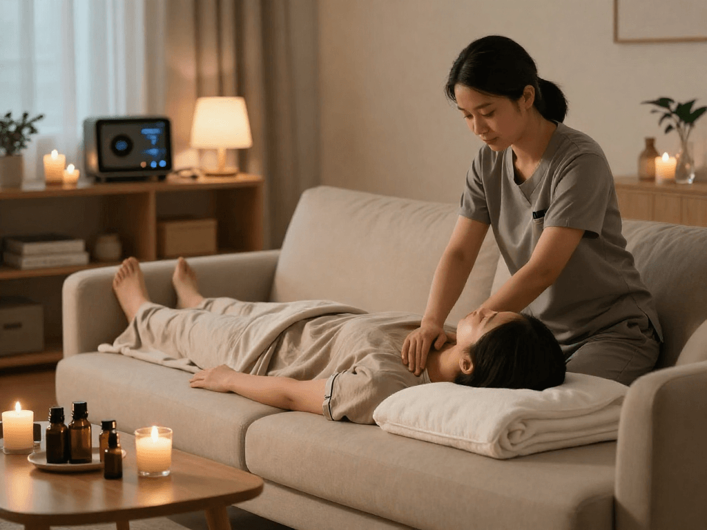 Enjoying a 출장마사지 in a cozy home environment with calming elements.