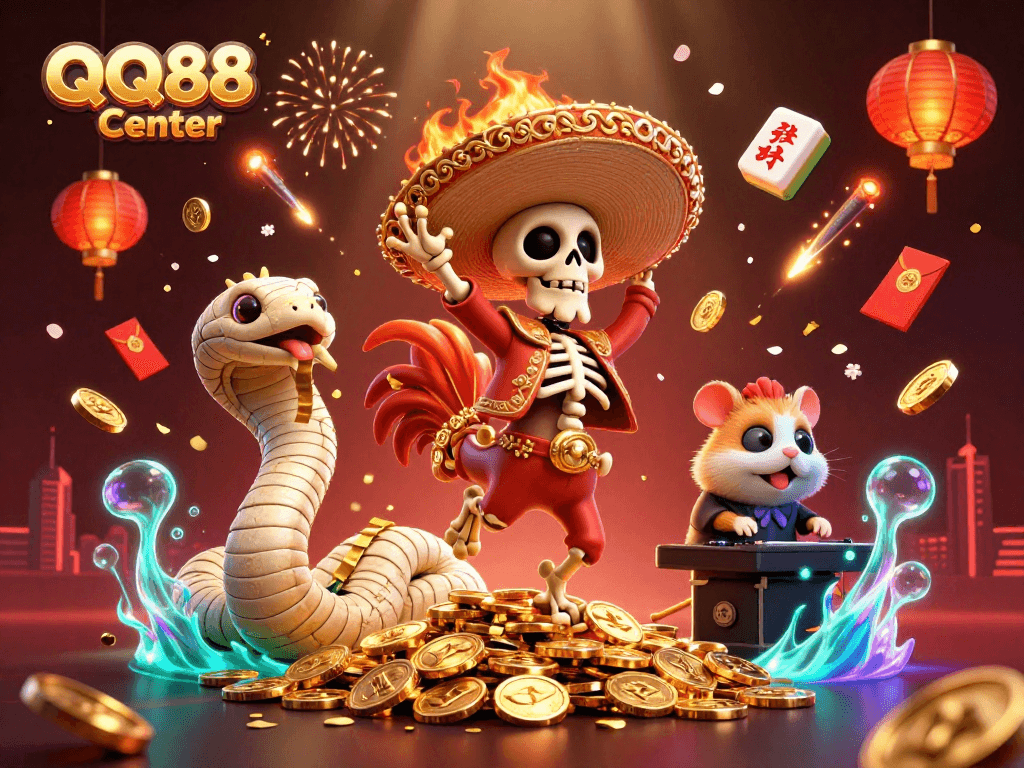Experience the excitement at QQ88 Center with dynamic casino characters celebrating in a festive 3D scene.