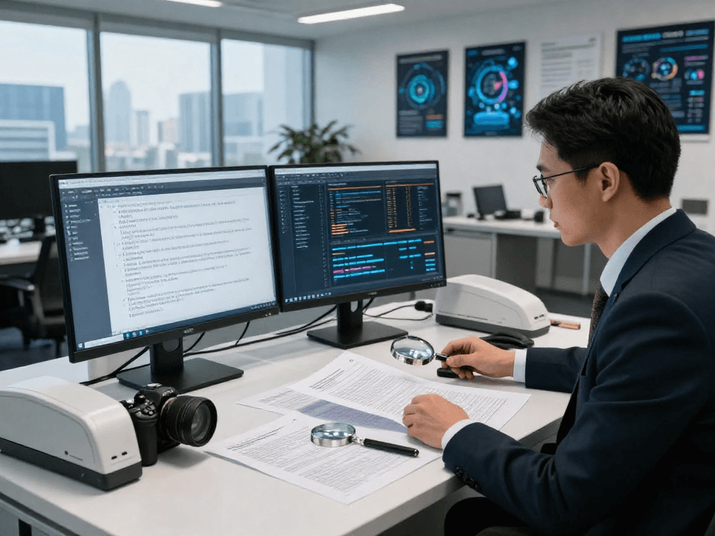 Document fraud detection analysis in a high-tech office environment with forensic analyst reviewing digital documents.
