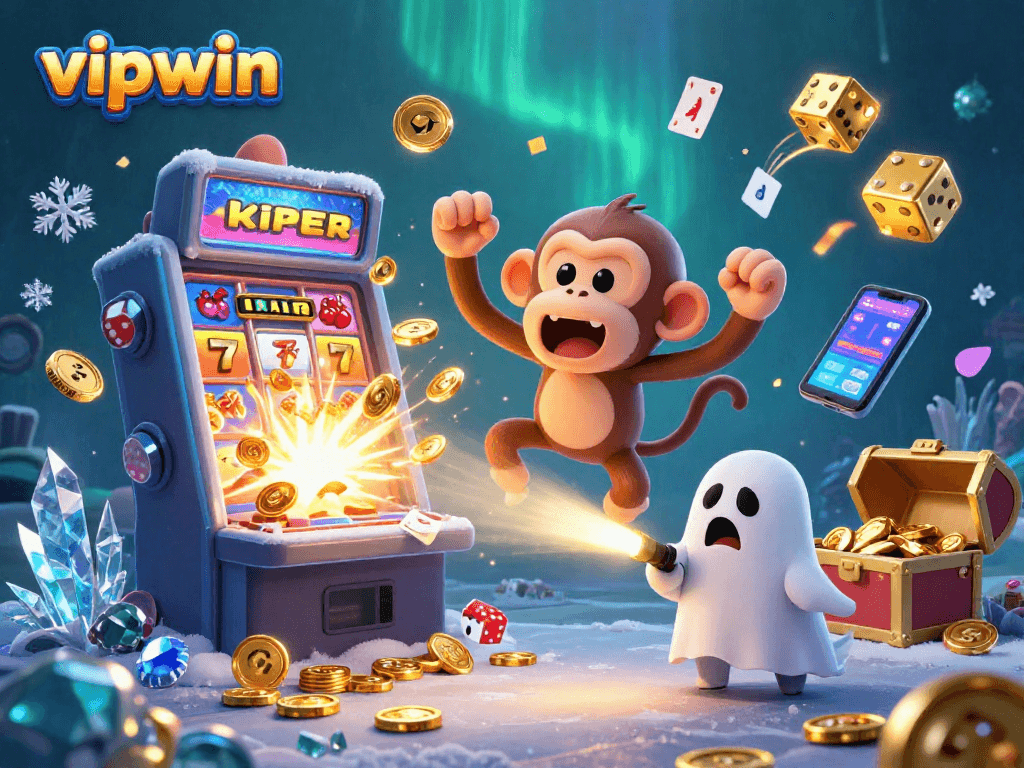 Experience the thrill of vipwin as a playful poltergeist monkey juggles golden casino treasures in a haunted casino scene.