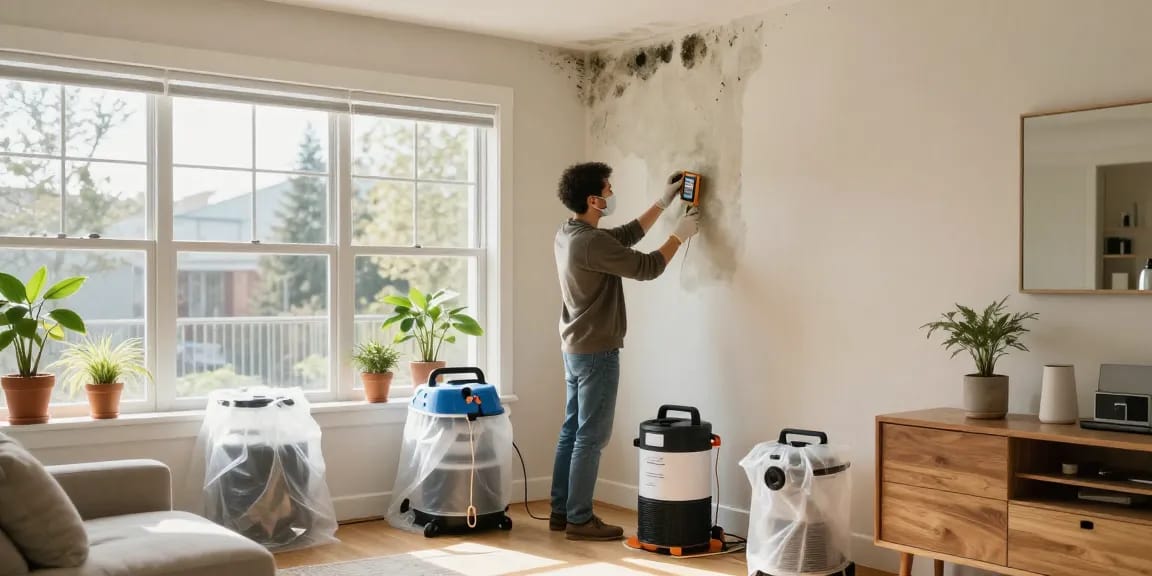 Homeowner engaged in mold remediation North Vancouver, using a moisture meter to assess damp drywall in a bright, safe space.