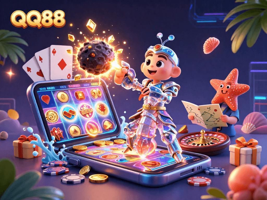 Engage in thrilling games at QQ88 with a vibrant casino scene of a mantis shrimp and starfish.