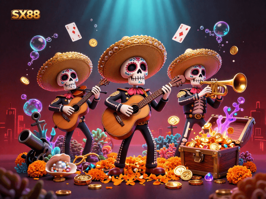 SX88 showcases Dia de los Muertos mariachis surrounded by treasure, playing cards, and vibrant decorations, creating a lively casino atmosphere.