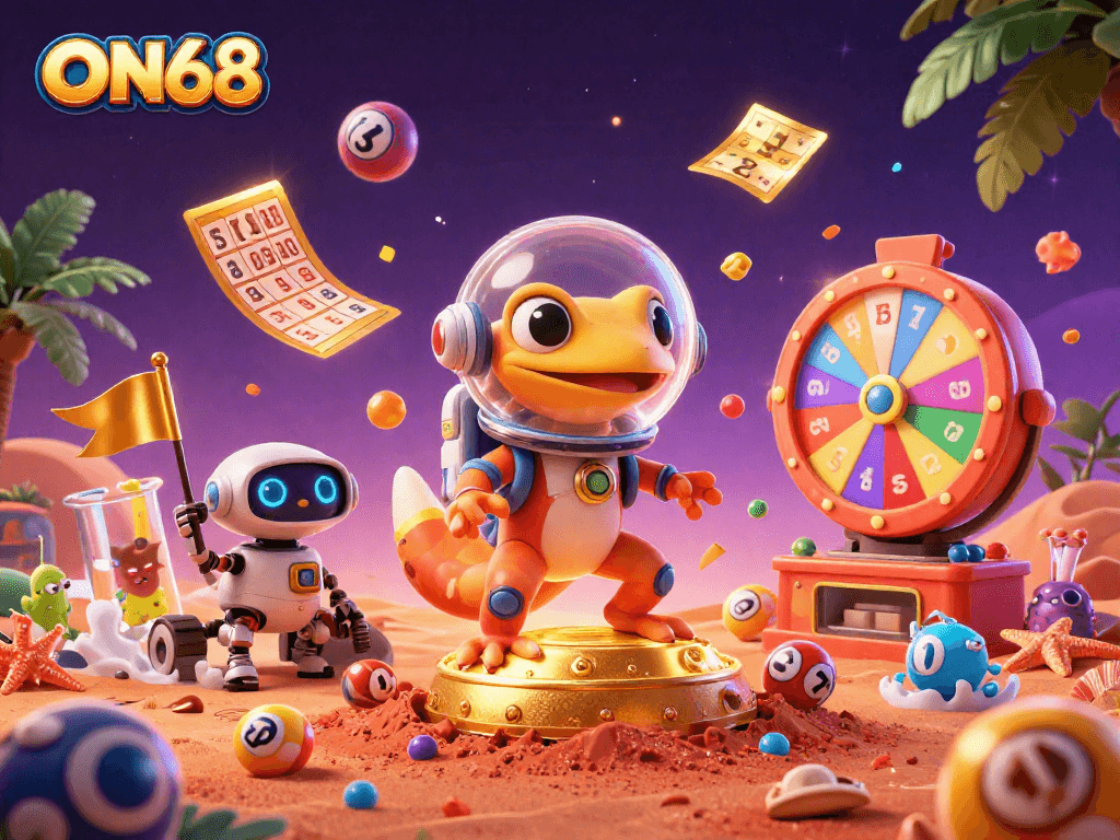 Experience winnings at ON68 with a Martian gecko discovering a golden casino amidst vibrant lottery excitement.