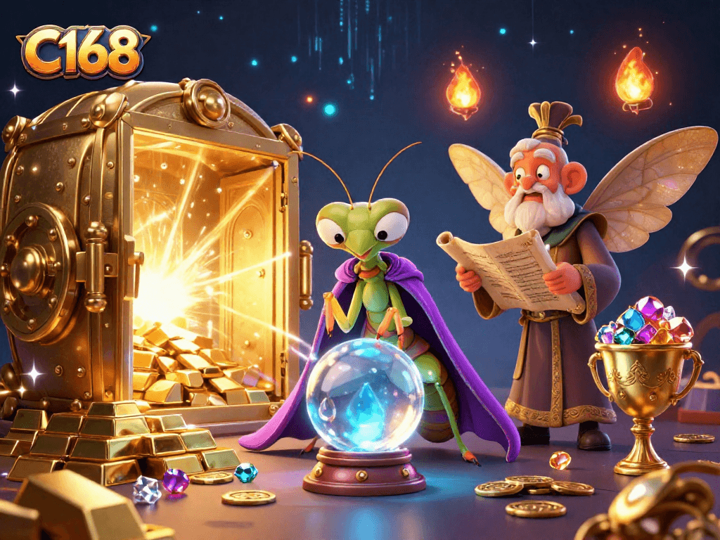 Engage with C168's thrilling fortune-telling scene among treasures in a vibrant 3D casino illustration.