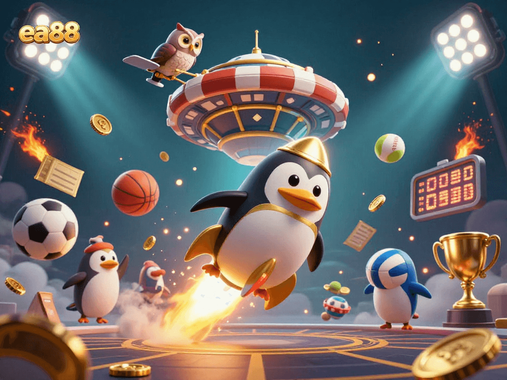 Experience thrilling gameplay at ea88 with the colorful golden penguin and dynamic casino elements.