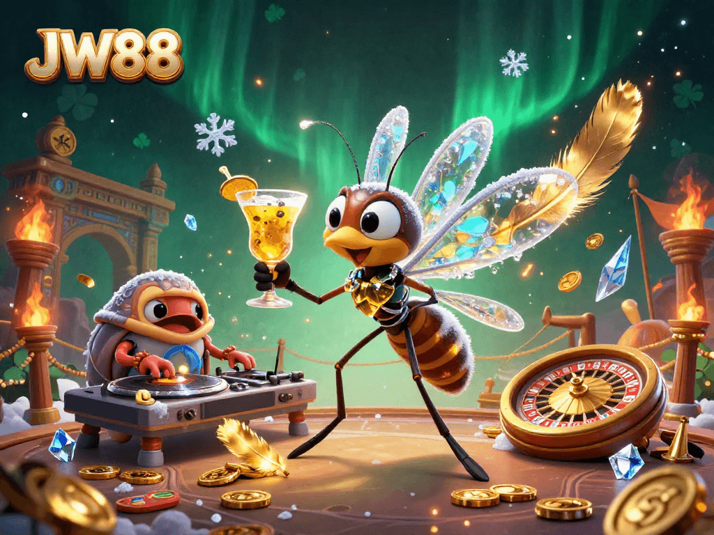 Experience JW88's casino magic with a resplendent 3D scene of vibrant gaming action.