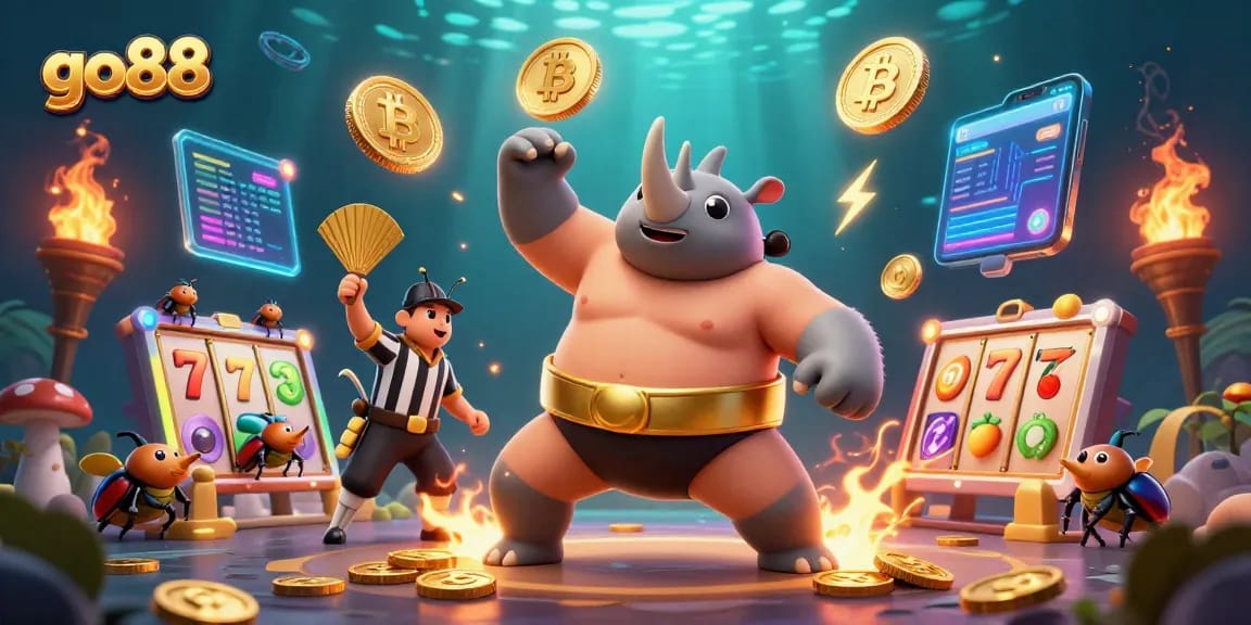Celebrate with go88's animated scene of a sumo champion beetle amidst coins and slot reels.