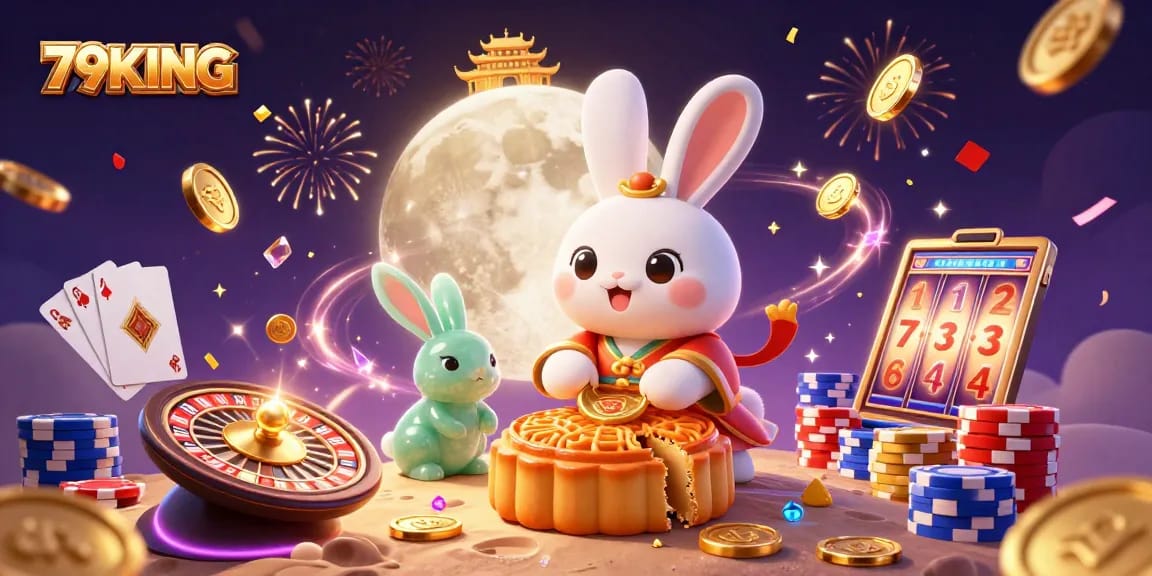79KING moon rabbit celebrates with gaming treasures and luck, showcasing casino elements.