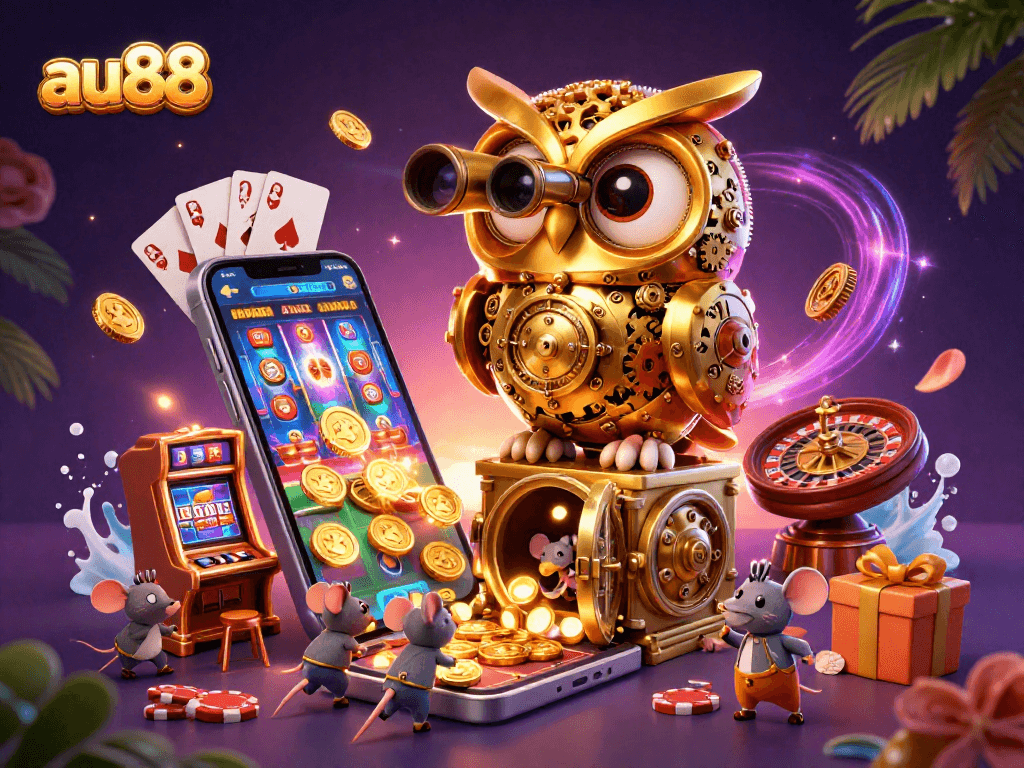 Experience the excitement at au88 with a golden owl overseeing a dynamic casino scene filled with games and action.