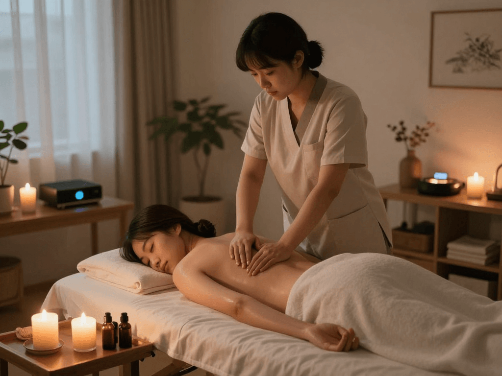 출장마사지 session in a tranquil setting with a Korean therapist and calming ambiance.