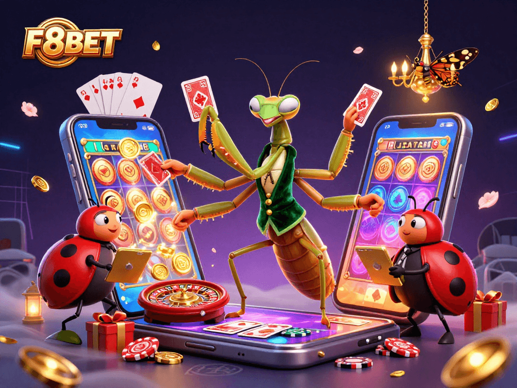Engage with F8BET's vibrant casino experience featuring a 3D cartoon mantis card sharp and lucky ladybug.