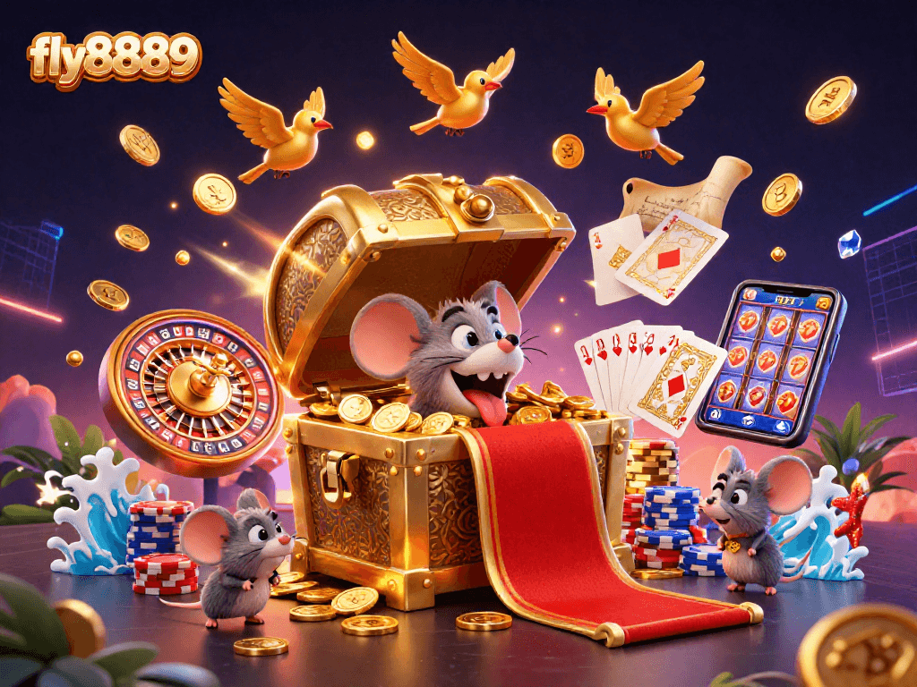 Engage in thrilling gameplay with fly8889's cartoon treasure chest and casino elements.