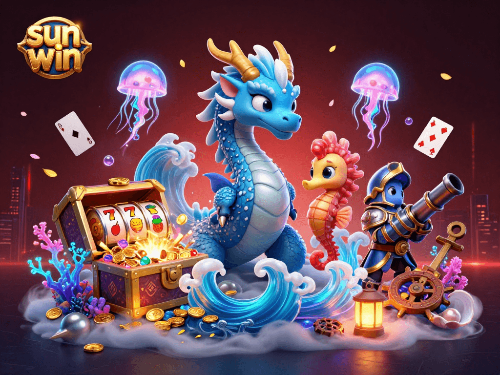 Win with sun win's slot machines featuring a vibrant water dragon, seahorse knight, and treasures.