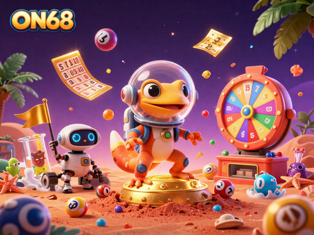 Experience winnings at ON68 with a Martian gecko discovering a golden casino amidst vibrant lottery excitement.