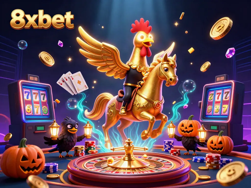 Experience thrills in 8xbet's colorful gaming universe with golden rooster and treasures.