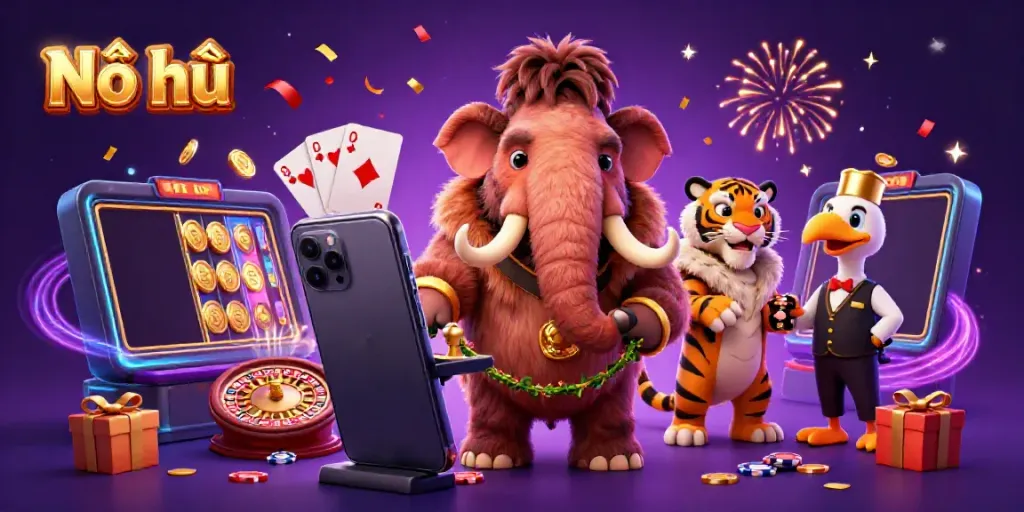Nổ hũ feast with a woolly mammoth bouncer checking IDs in a vibrant casino scene.