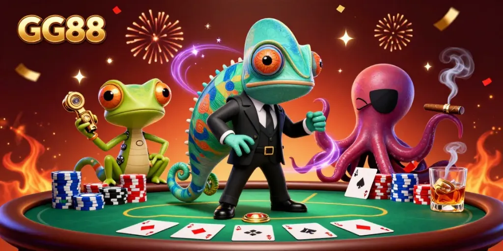 Engage with GG88's vibrant poker scene featuring a colorful lineup of chips and character action.