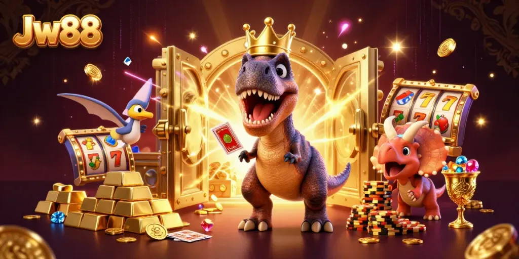 Engage with Jw88's vibrant casino scene featuring a playful T-Rex, assisting pterodactyl, and chip-stacking triceratops.