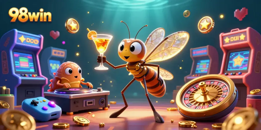 Engage with the vibrant world of 98win featuring a lively casino scene with a unique DJ.