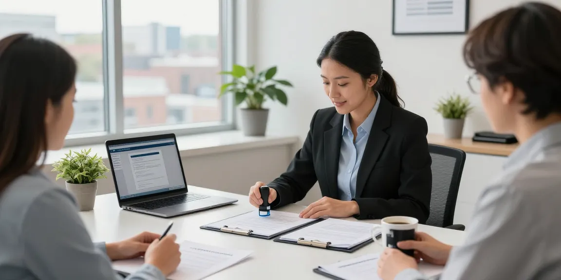 Notary public in Brampton providing efficient notarization services, featuring documents and a laptop in a welcoming office atmosphere.