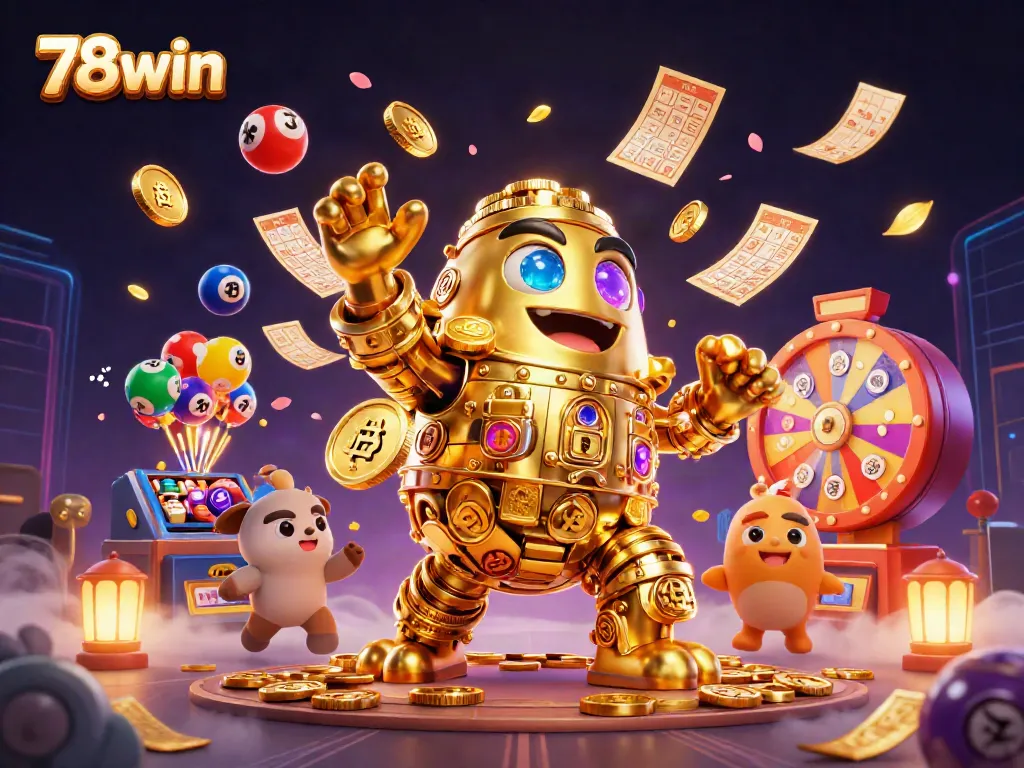 Engage with the vibrant world of 78win through a dynamic 3D illustration showcasing a golden golem amid lottery elements and exciting casino action.