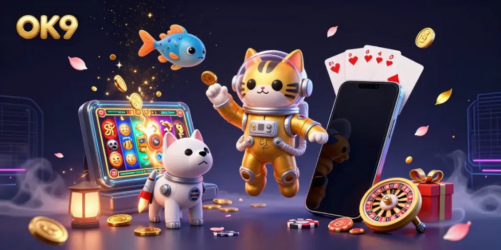 Experience the thrill of gaming on OK9 with vibrant slot machines and immersive casino elements.