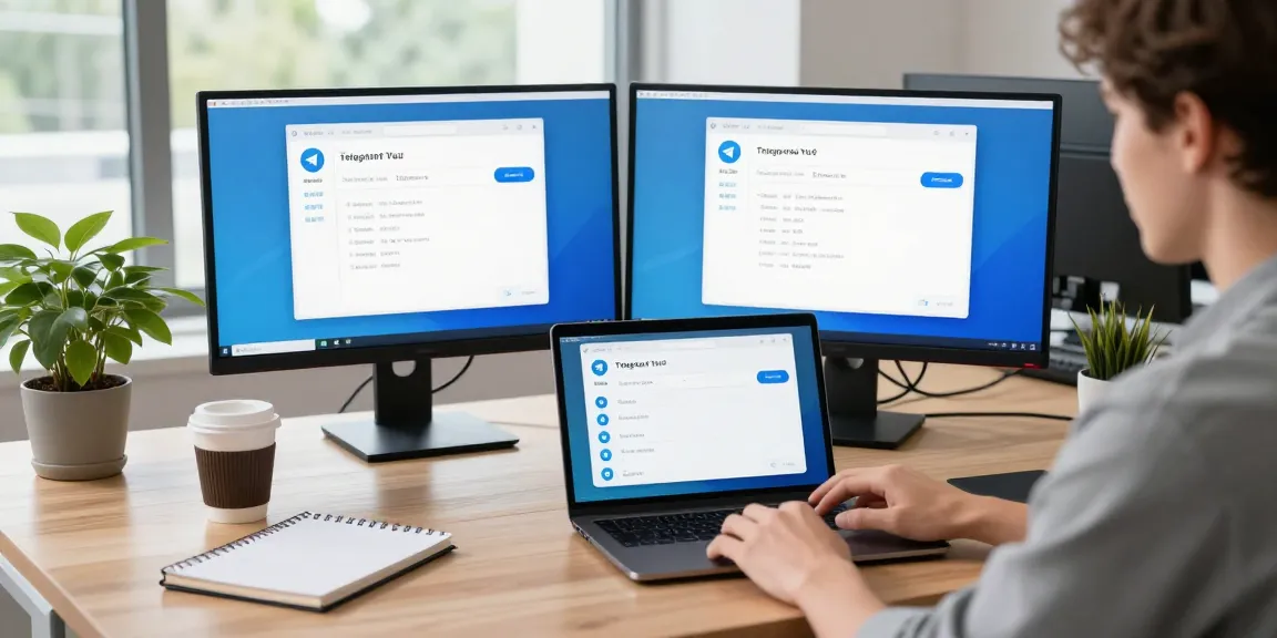 Customize Telegram Chinese settings on a laptop in a modern workspace.