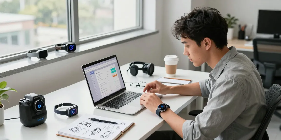 Professional testing AI wearables in a bright tech workspace with devices and a laptop.