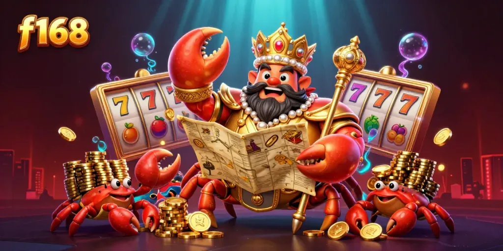 Experience the f168 gaming fun with a vibrant 3D crab emperor amidst slot reels and golden treasures.