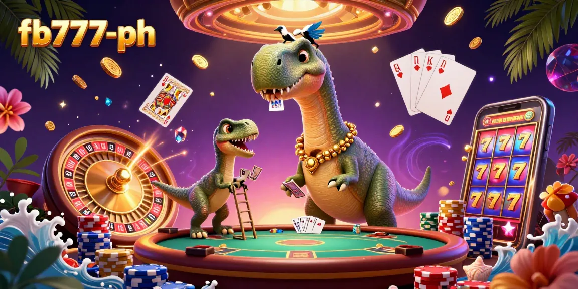 Experience thrilling games at fb777-ph with a giant brontosaurus and clever raptor in a vibrant casino scene.