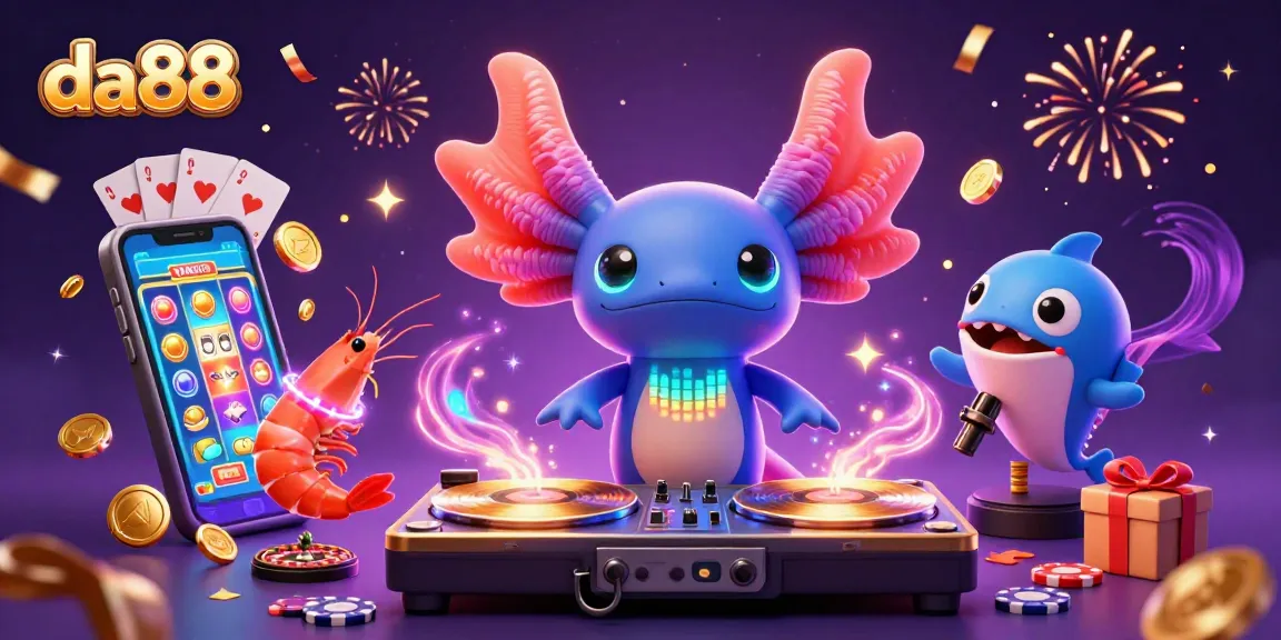 Experience exhilarating gameplay at da88 with a neon-colored axolotl DJ and vibrant underwater casino scene.