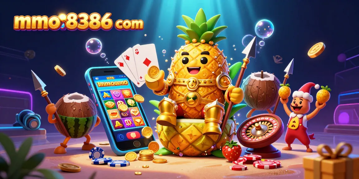 Experience vibrant gameplay with mmoo8386 com's 3D illustration showcasing golden pineapple king and casino elements.