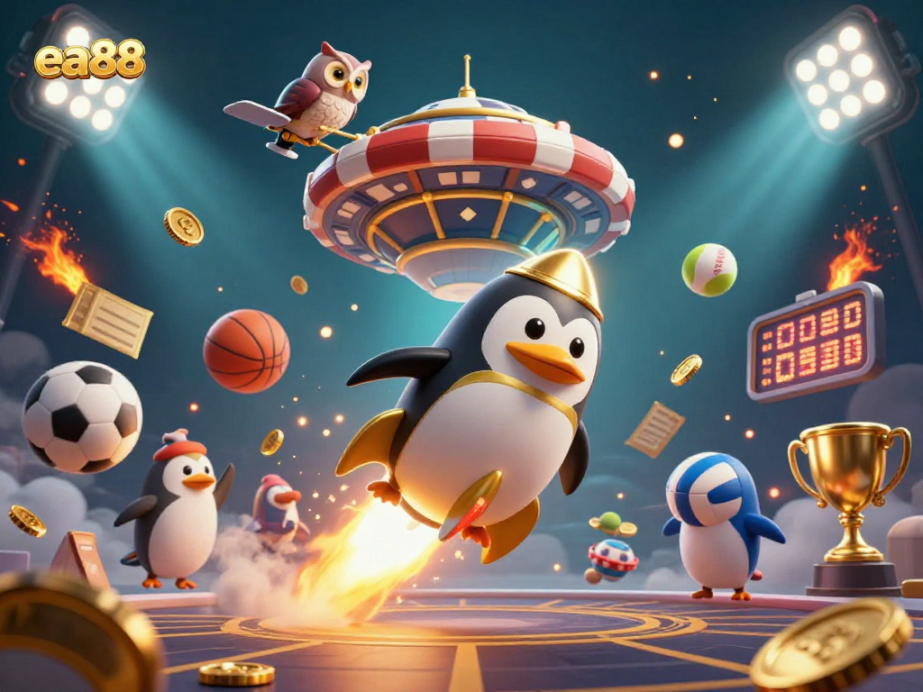 Experience thrilling gameplay at ea88 with the colorful golden penguin and dynamic casino elements.