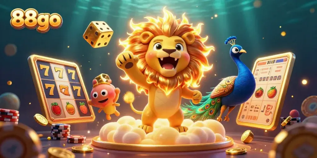 Engage in thrilling gameplay with 88go, as a roaring cartoon lion stands on golden clouds amidst spinning slot reels and casino elements.