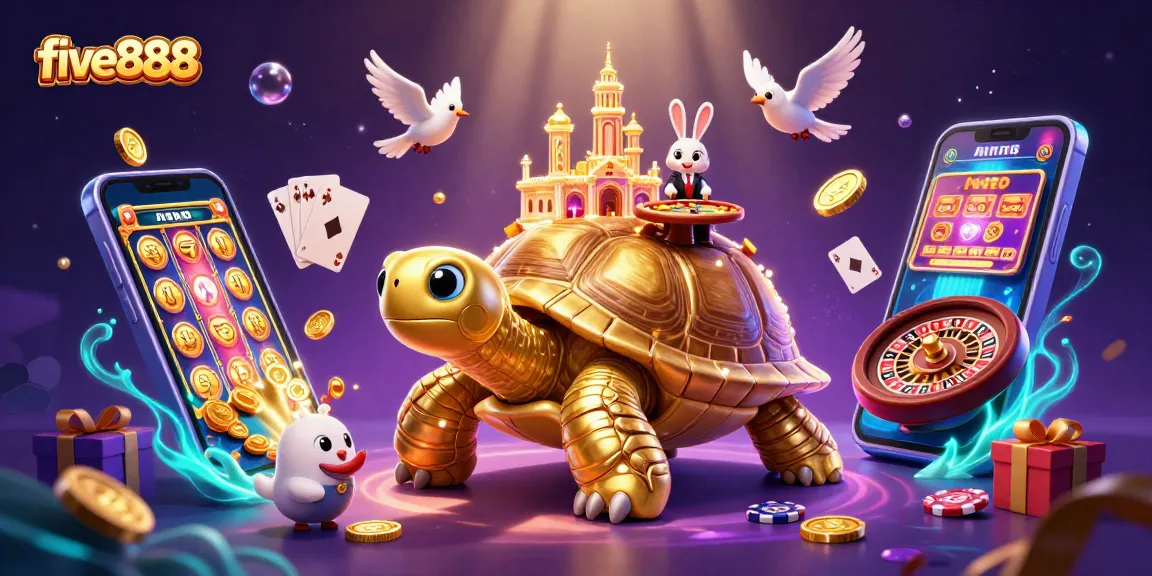 Experience exciting gameplay with five888 at a vibrant casino scene featuring golden tortoise and rabbit dealer.