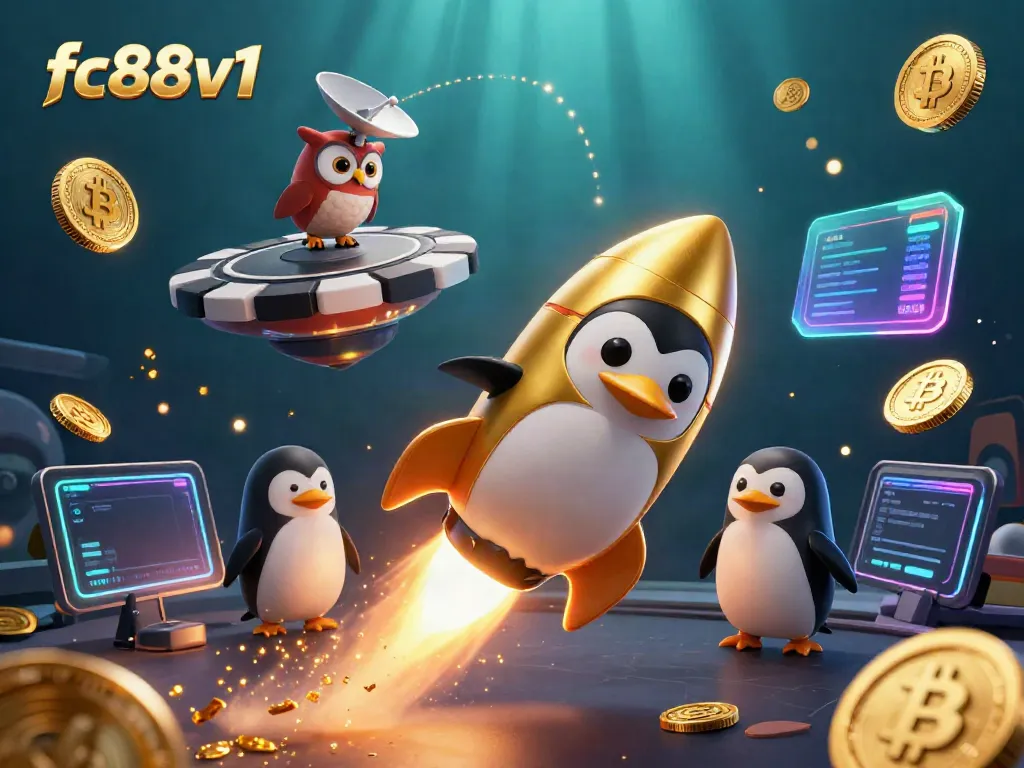 Experience the excitement of fc88v1 with a golden penguin flying toward a casino space station amidst coins and crypto elements.