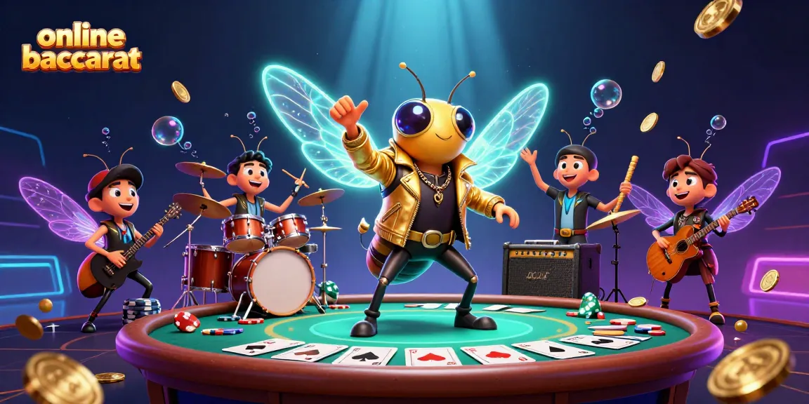 Experience thrilling online baccarat action with a lively rock star cicada and vibrant casino elements.