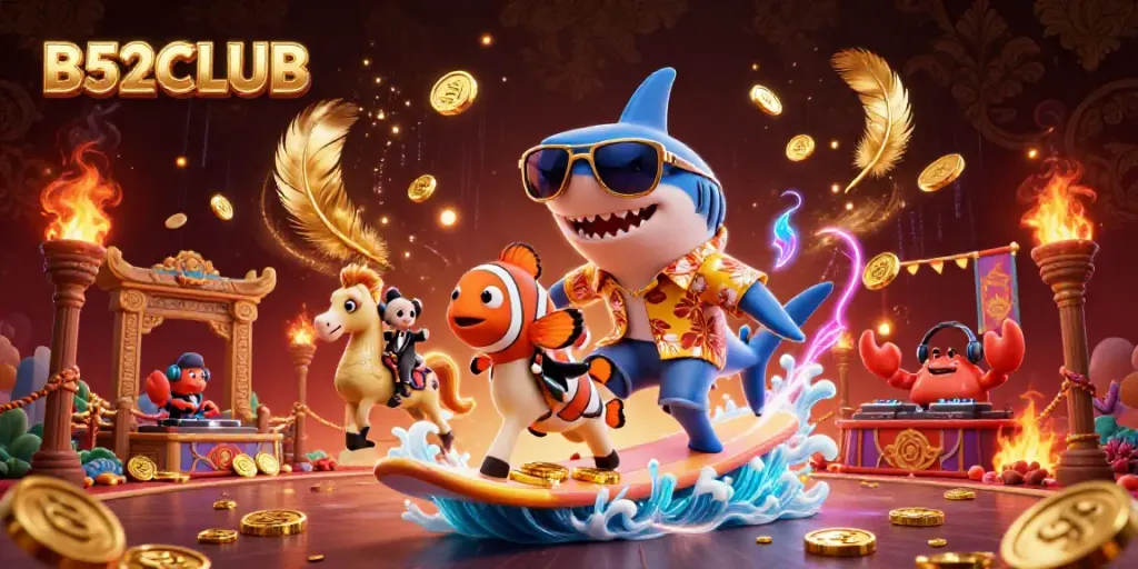 B52CLUB promotes thrilling gambling adventures with a shark riding a wave of gold coins.