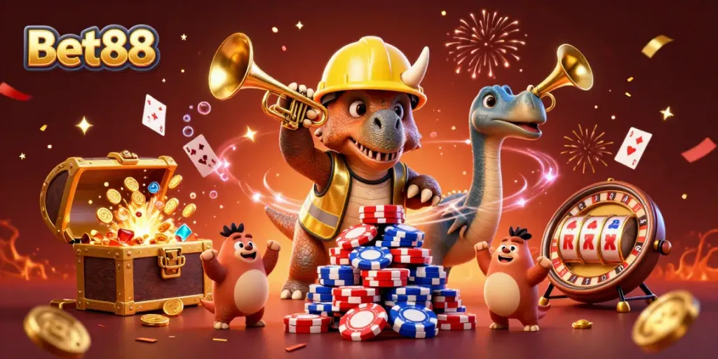 Experience thrilling gameplay at Bet88 with a festive 3D scene of a triceratops and celebratory elements.