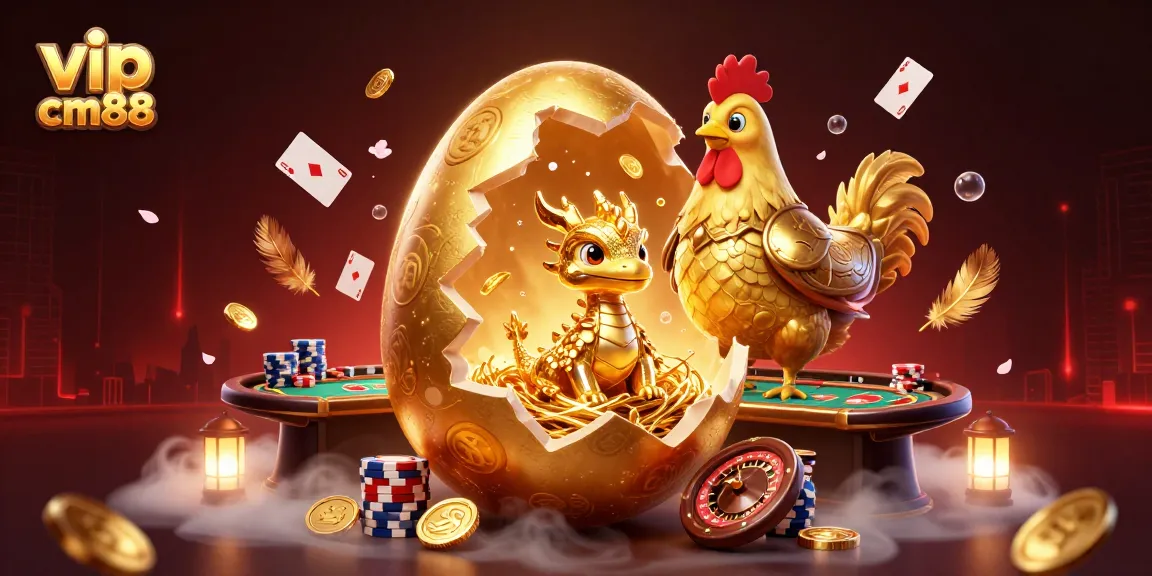 Experience epic gameplay with vip cm88, featuring a golden dragon, poker chips, and floating cards.