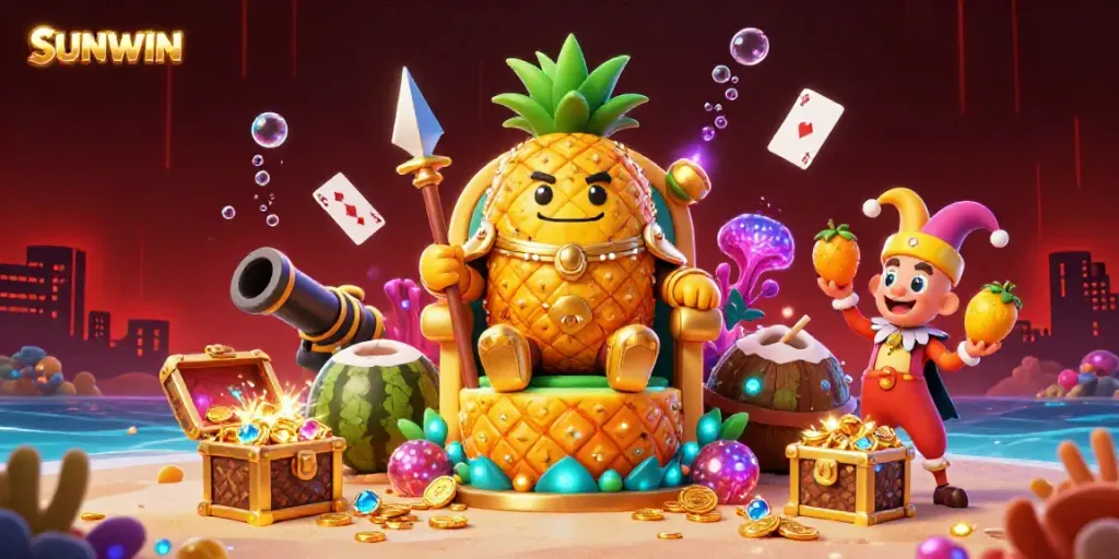 SUNWIN casino scene featuring a golden pineapple king flanked by bodyguards, rich with 3D elements.